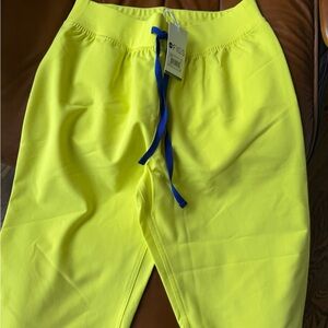 Figs Kids Neon Yellow Joggers with Blue Drawstring